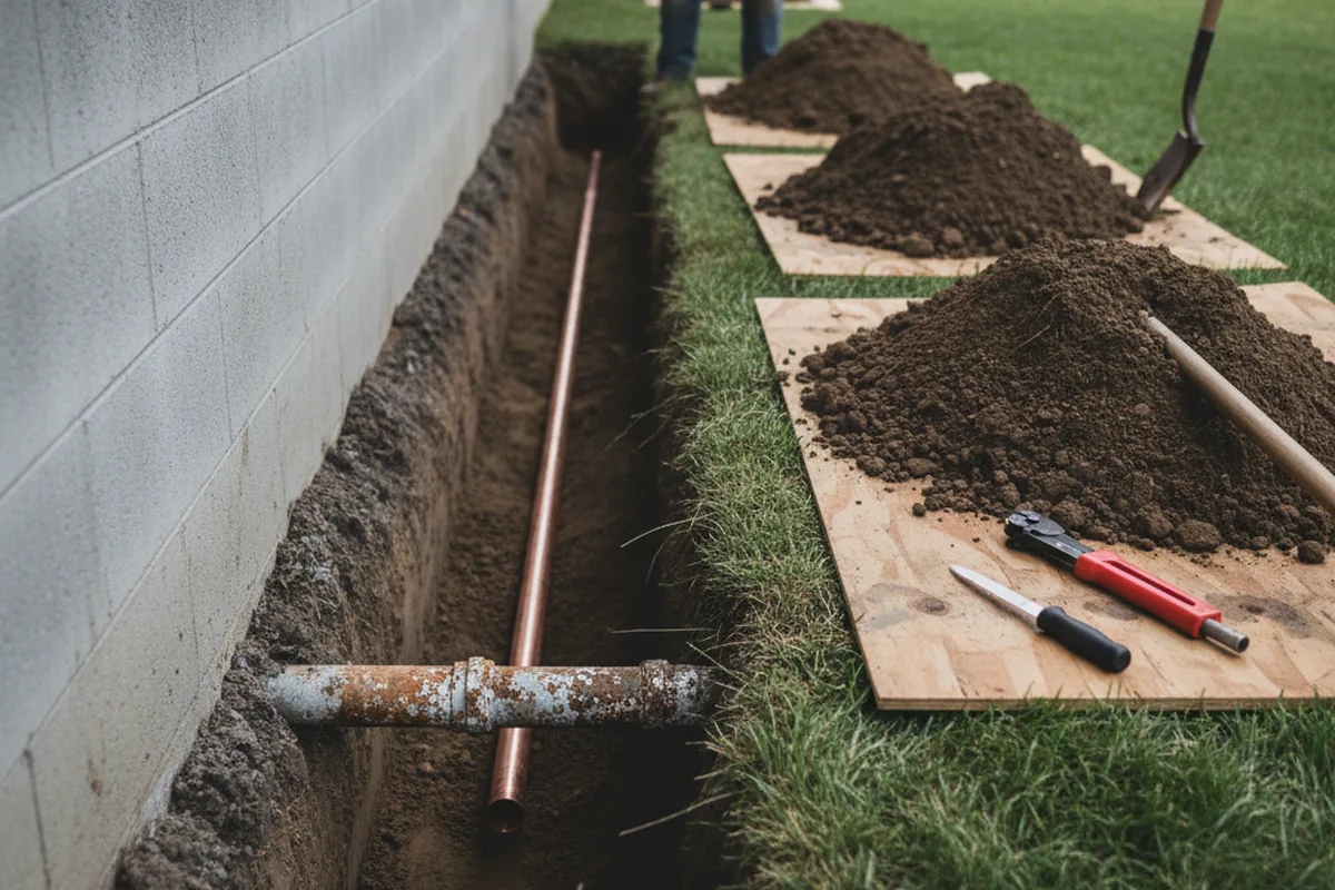 Excavated water line trench during Water Heater Repair in Goodspring